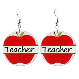 Acrylic red apple drop earrings with green leaf and Teacher lettering for women