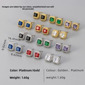 Macro detail of square halo stud earrings in six gemstone colors with size measurements
