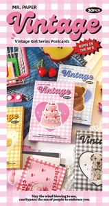 Detail of vintage postcard set with illustrations of teddy bears and cakes in pink tones