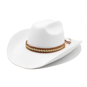 Classic white felt cowboy hat with 9.5cm wide brim and brown braided decorative band
