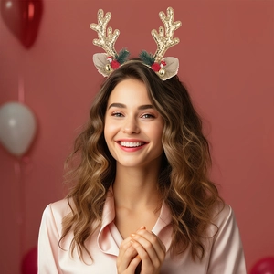 Close-up of reindeer antler headband with gold sequins, red berries and bells
