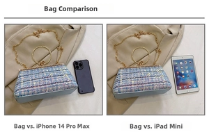 Size comparison of tweed evening bag with sequins next to a smartphone and tablet
