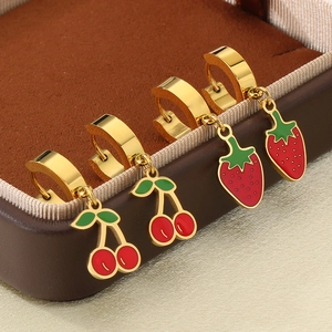 18K gold stainless steel hoop earrings with red cherry and strawberry fruit charms