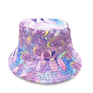 Detailed view of mushroom and starry sky galaxy pattern on purple bucket hat fabric
