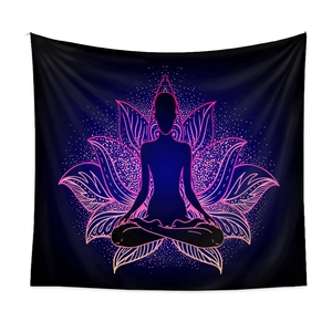 Detailed view of tapestry showing meditation silhouette with gradient lotus flower art