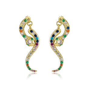 Detail of 18K gold snake earrings with colorful zircon stones and crystal head