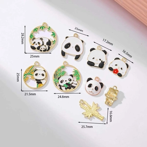 Enamel panda and bamboo charms set in gold alloy for DIY jewelry with size markings