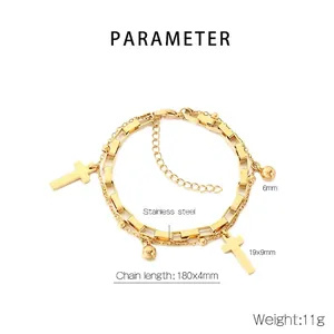 Double-layer 18K gold plated stainless steel bracelet with cross and bead detail