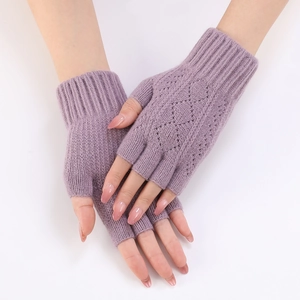 Detail of purple knitted fingerless arm warmers with diamond pattern and ribbed cuffs