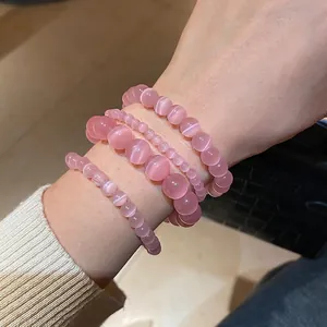Stackable pink cat eye stone beaded bracelets set for women in various bead sizes