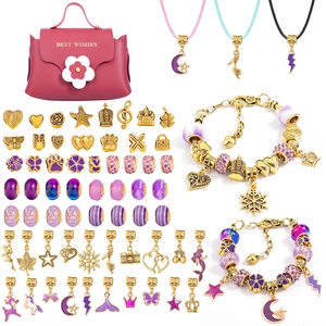 Pink DIY jewelry set with gold charms and glass beads for kids handmade bracelets