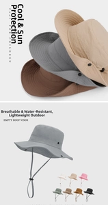 Detail view of quick-dry outdoor sun hats with wide brims and adjustable windproof cords