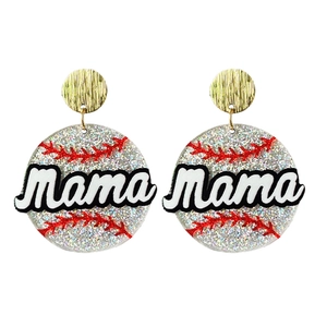 Mama baseball acrylic earrings with silver glitter and gold textured stud for Mother's Day