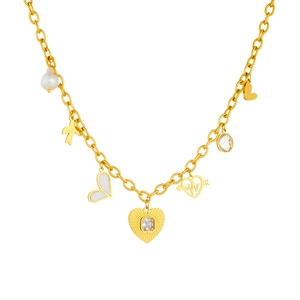 Gold stainless steel chain necklace with multi-element heart and butterfly charms