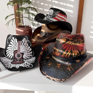Chapeau De Cowboy Occidental Paille De Papier Tissé Large Bord Protection Solaire Extérieur Style Punk Rock Pour Hommes Femmes