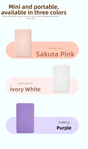 Mini portable power banks in Sakura Pink, Ivory White and Purple with matte finish