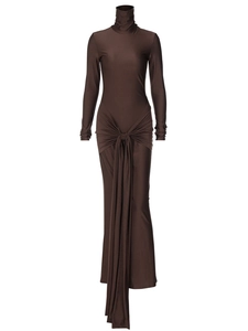 Robe longue chic marron foncé à col montant, manches longues et nœud à la taille
