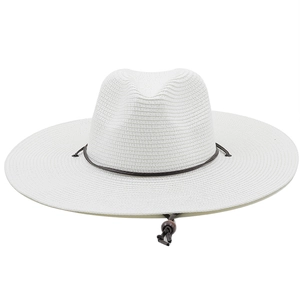 White woven Panama sun hat with wide brim, brown leather band and adjustable chin cord