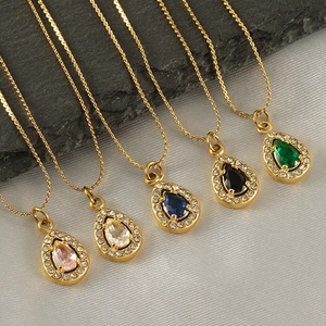 Teardrop Pendant Necklace Stainless Steel 18K Gold Plated Zirconia Halo Elegant Twist Chain Jewelry Gift For Women