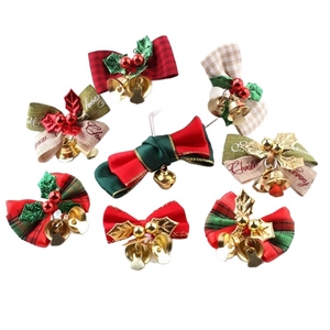 Set of 8 decorative Christmas bows with bells in red and green patterns for pet gifts