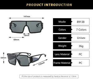 Size chart showing 147mm width and PC material specs for retro square sunglasses