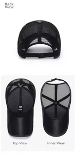 Detail of black mesh baseball cap featuring breathable honeycomb fabric and plastic strap