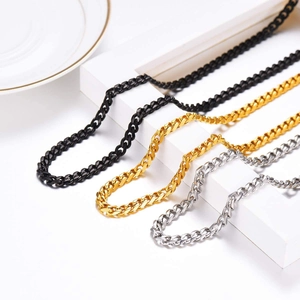 Polished stainless steel Cuban link necklaces in black, gold, and silver finishes