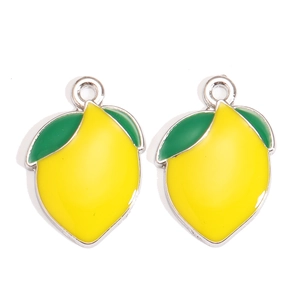 Vibrant yellow lemon fruit charms with green leaves in silver enamel for DIY jewelry making