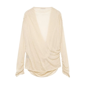 Slim fit V-neck long sleeve T-shirt for women in beige with ruched detail and soft fabric