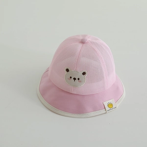 Detail of pink baby sun hat with breathable mesh crown and cute bear embroidery patch
