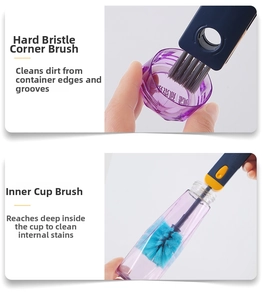 Detail of 4-in-1 bottle brush showing a blue sponge head and a crevice cleaning tool