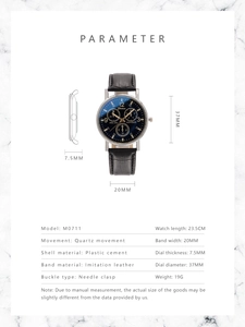 Detailed technical parameter specifications for the M0711 quartz wristwatch with leather strap