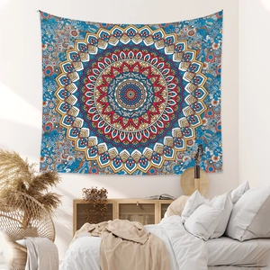 Bohemian mandala tapestry with blue and red geometric patterns for home wall decor
