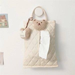 Quilted cream PU leather car tissue holder with cute plush bear head decoration