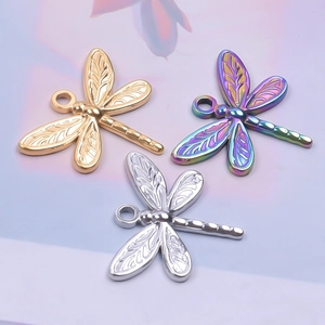 Minimalist stainless steel dragonfly pendants in gold, silver, and rainbow finishes