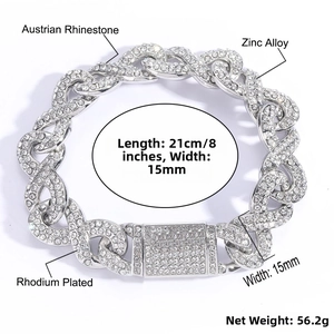 Detail showing rhodium-plated 15mm iced-out infinity link Cuban chain with Austrian rhinestones