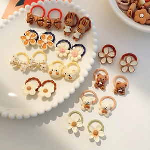Cute cartoon bear and rabbit elastic hair bands set for kids in warm neutral tones