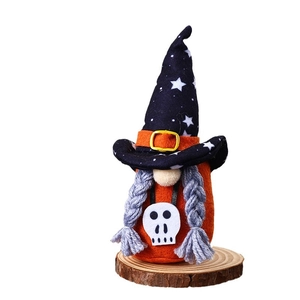Halloween gnome plush ornament with starry hat and wooden base for festive decoration