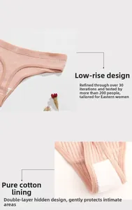 Detail of low-rise cotton thong showing ribbed knit fabric and hidden cotton lining