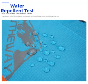 Close-up of blue water-resistant nylon fabric with clear water droplets and logo detail