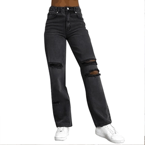 Women's black high-waist straight-leg ripped jeans with washed distressed finish