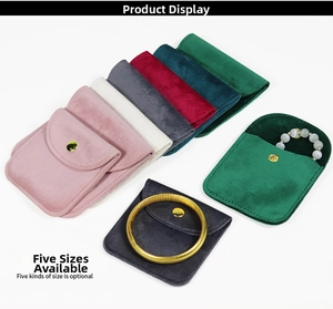 Detailed view of velvet jewelry pouches in five sizes with snap button closure