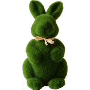 Green moss rabbit figurine with beige bow tie for Easter desktop decoration