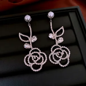 Rose Flower Long Dangle Earrings With Imitation Artificial Pearl And Rhinestone Alloy With Silver Earring Post