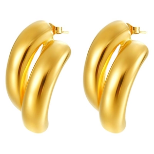 Polished 18k gold plated stainless steel chunky double hoop earrings for women