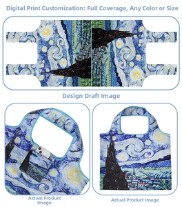 Detail view of foldable Oxford cloth bag featuring Van Gogh Starry Night print with inner pocket