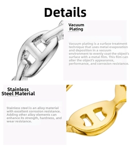 Detail view of hollow chain link rings in gold and silver finish vacuum-plated steel