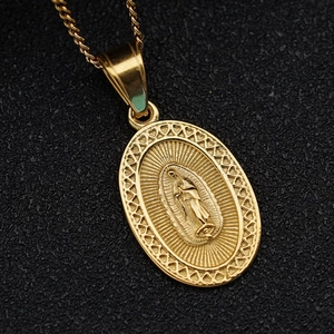 Gold plated stainless steel Virgin Mary pendant necklace with detailed engraved patterns