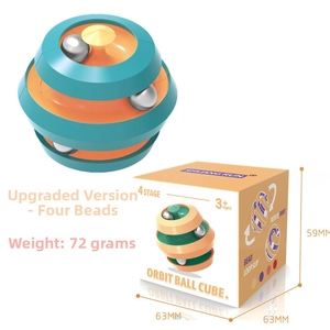 Detail of orbit ball fidget toy showing the internal metal balls and packaging box