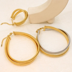 Golden and bicolor double-layered snake chain necklace and bracelet set for women